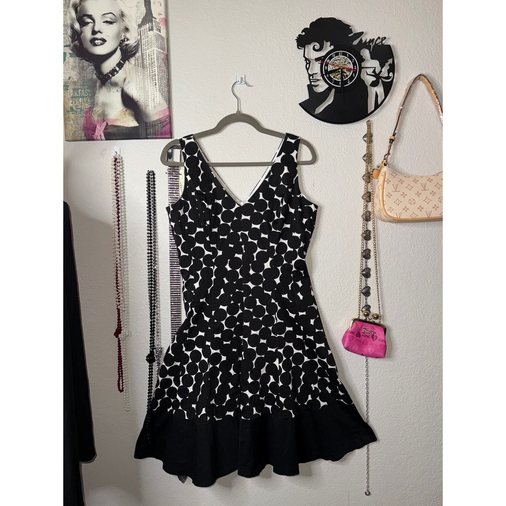 Jones Wear Womens Black White Polka Dot V-Neck Ruffle Hem Fit Flare Dress Size 8